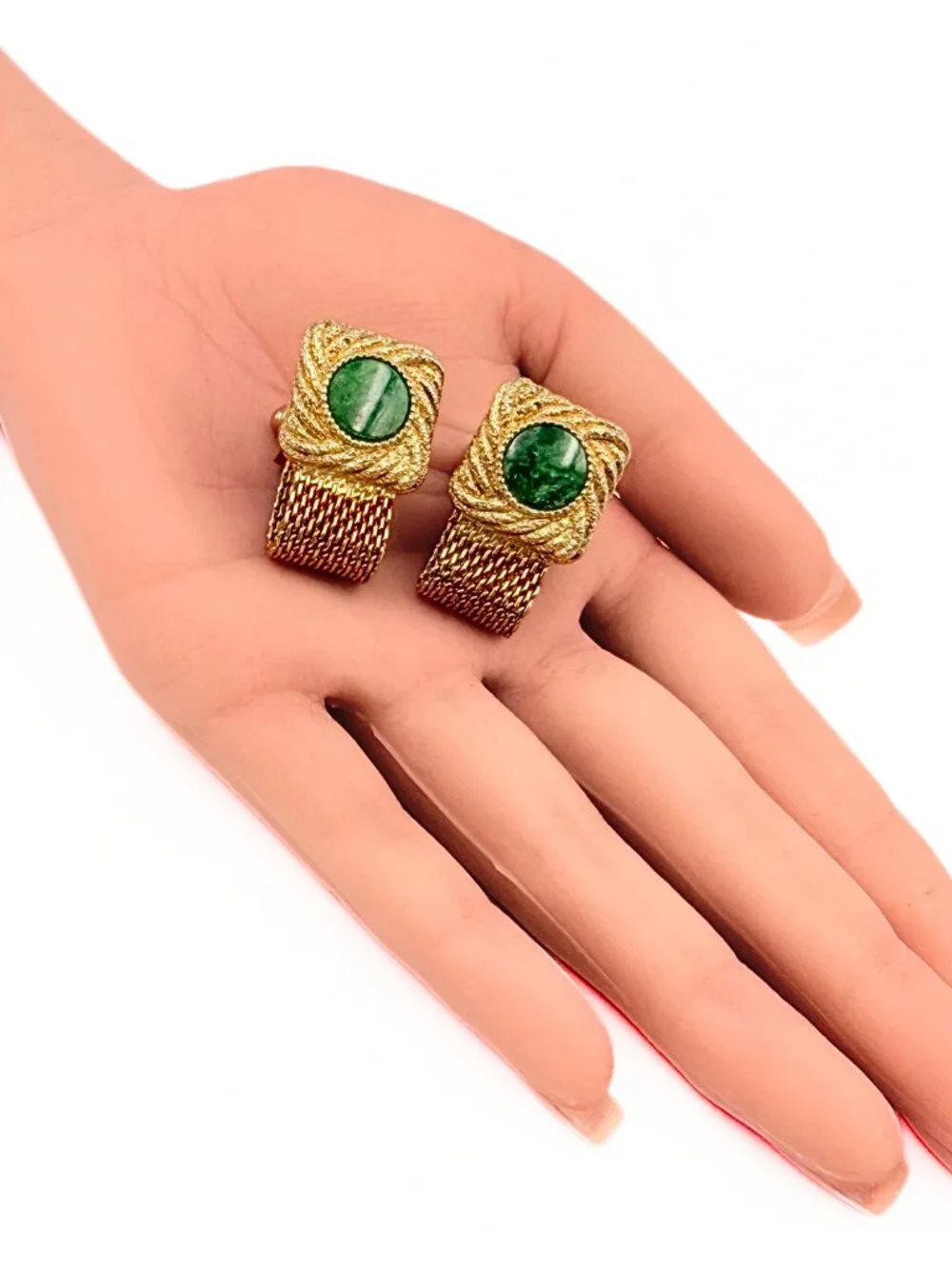 Distinguished MCM Textured Gold Plated Mesh Nephrite Jade Cufflinks